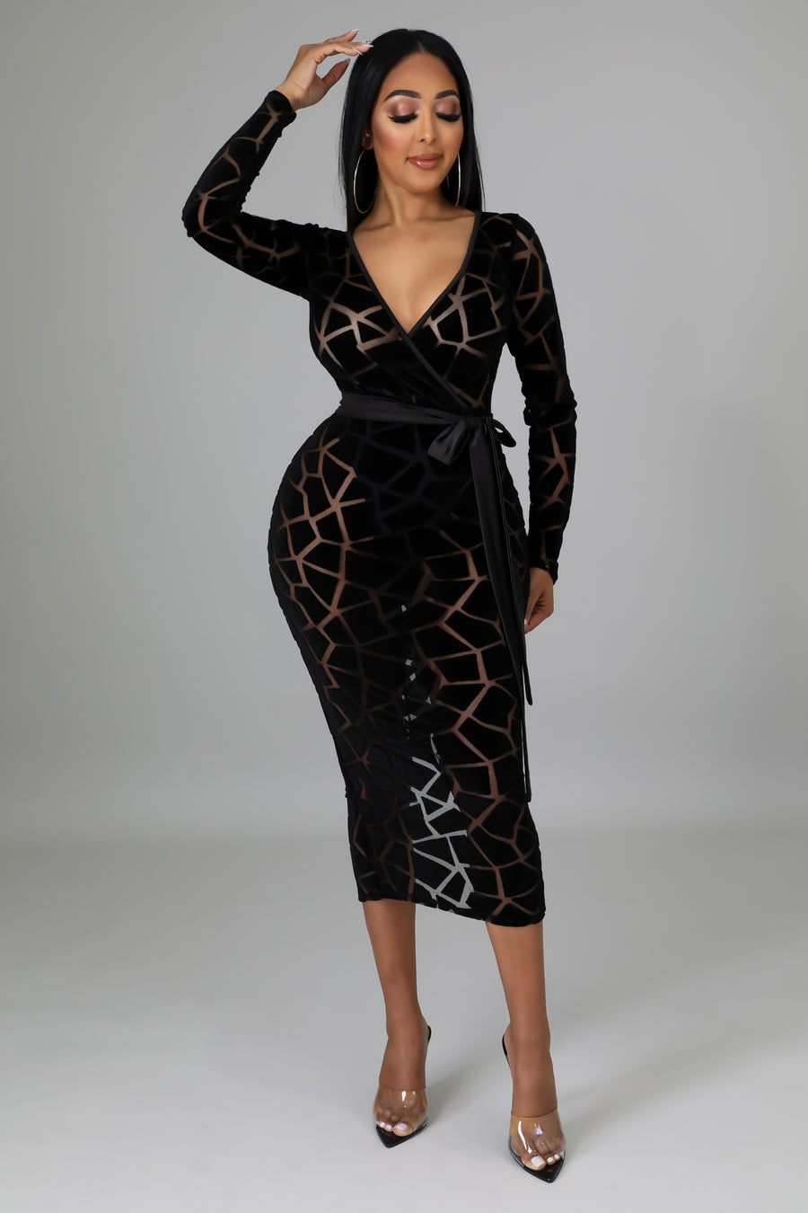 Semi-stretch V-neck long sleeve sheer dress – Douthie’s Corner